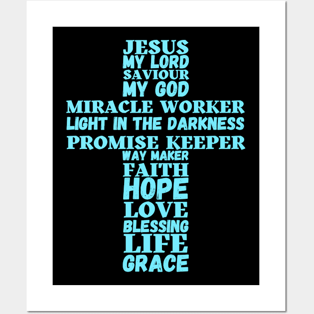 Words about Jesus forming the shape of a cross - turquoise Wall Art by Blue Butterfly Designs 